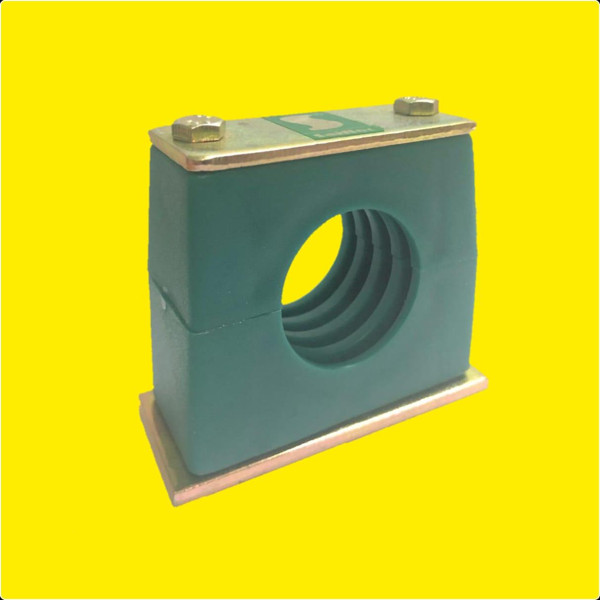 Standard series pipe clamp with teal aluminum body, adjustable metal tightening bands inside circular bore, brass mounting plate with attachment nuts, metal base feet on yellow background