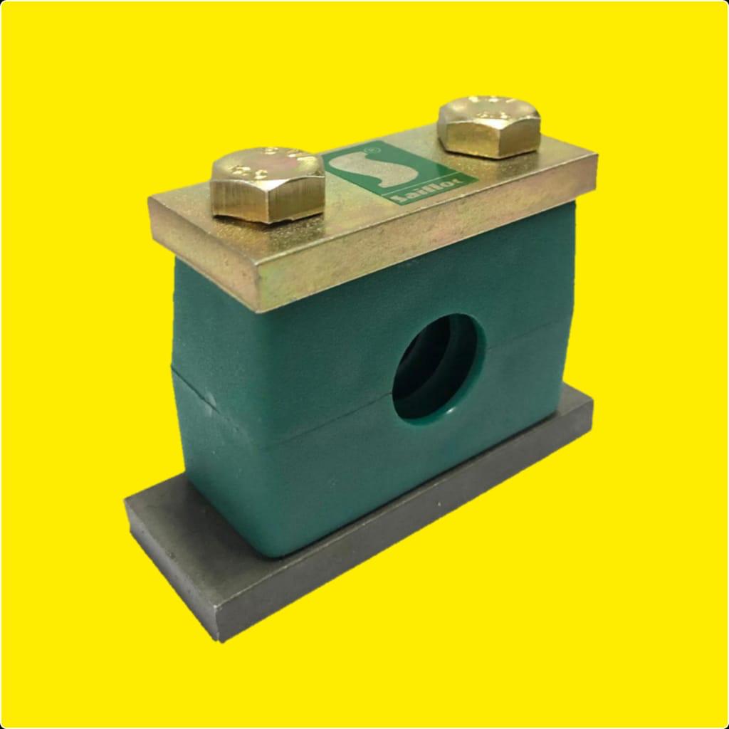 Heavy series pipe clamp with teal aluminum body, brass metal mounting top plate with two large adjustment nuts, gray base feet, single circular hose mounting port on yellow background