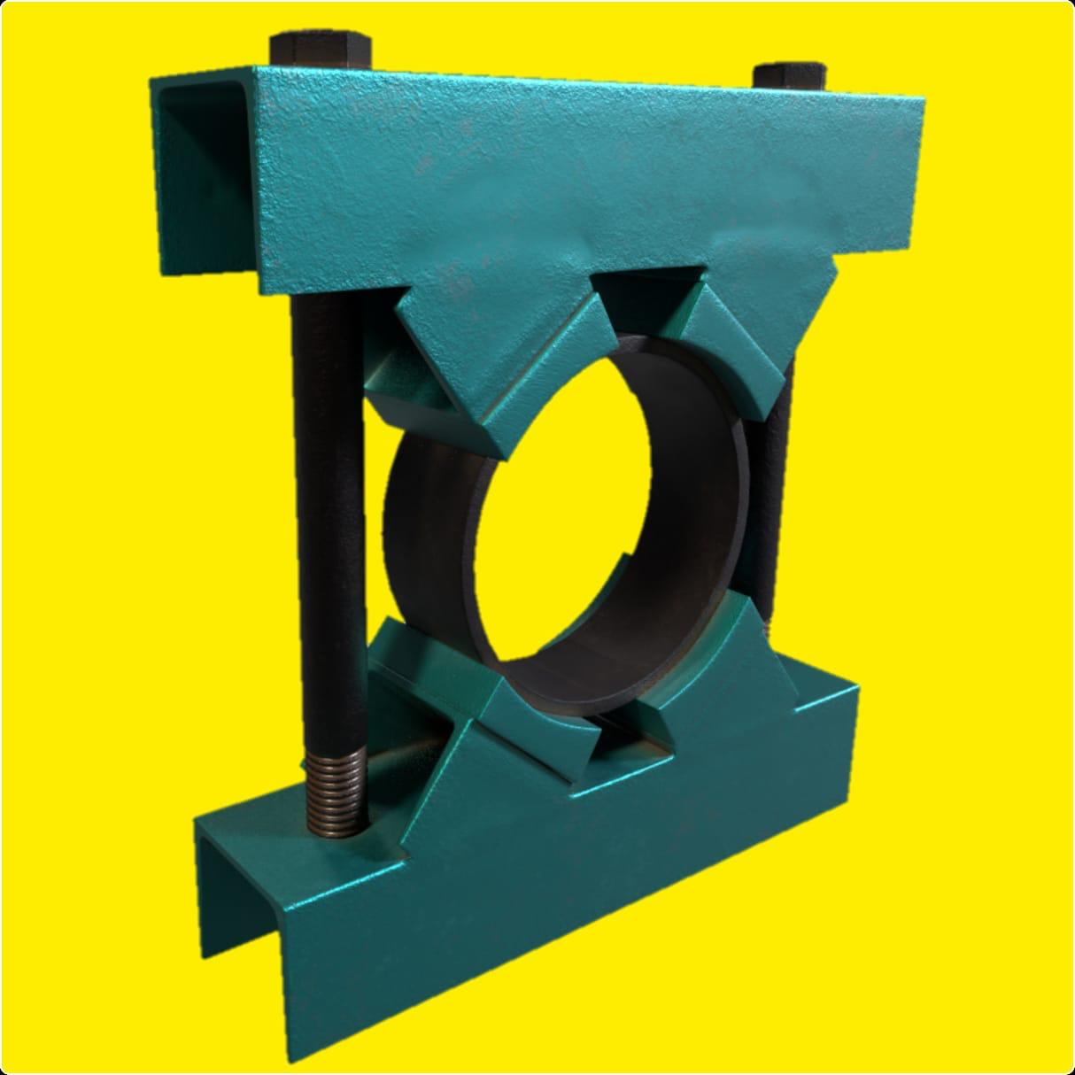 Construction series heavy-duty pipe clamp with teal-colored aluminum body, black rubber grip pad, and metal adjustment bolt, designed for secure hydraulic hose mounting on bright yellow background