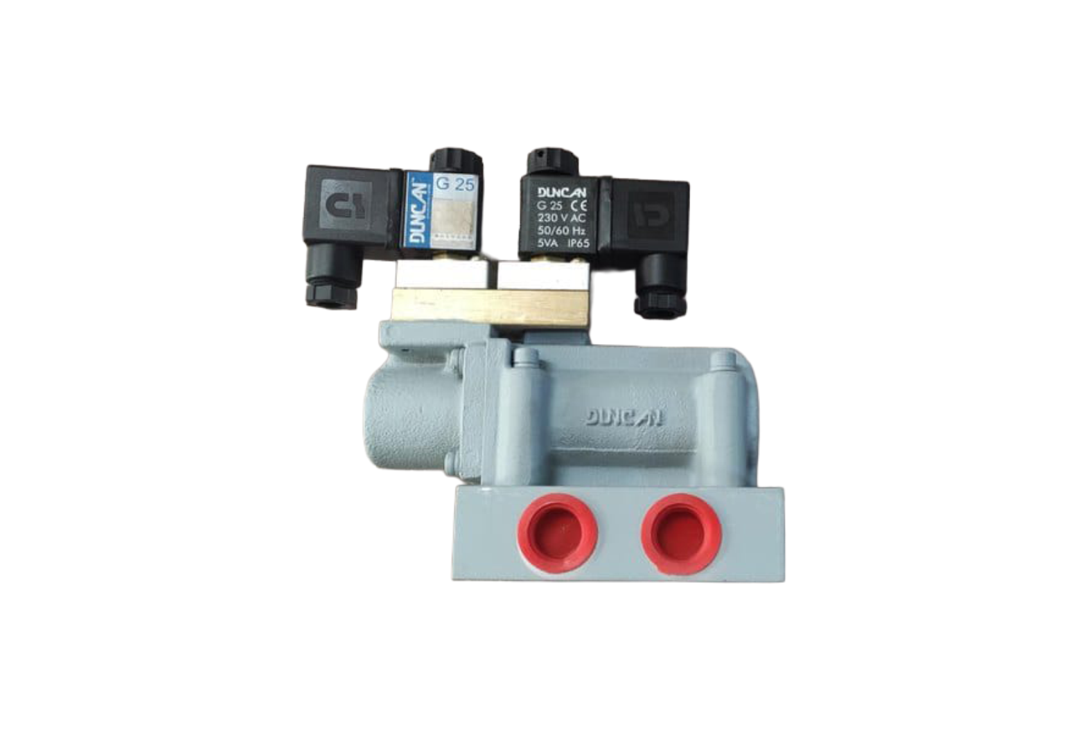 DUNCAN brand 4/3 solenoid directional control valve manifold with dual black solenoid coils, gray aluminum body with red pressure outlet ports for bi-directional hydraulic flow control