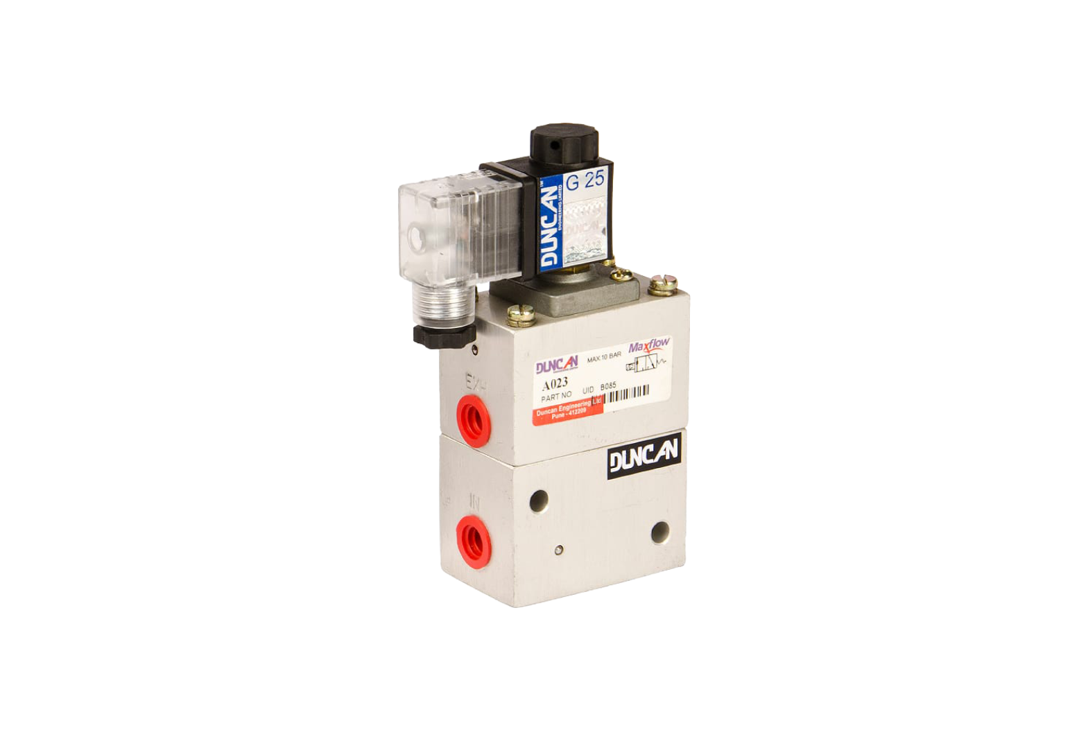 DUNCAN brand proportional solenoid directional control valve with integrated electronic controls, white aluminum body, red pressure outlet ports, and mounted solenoid coil for hydraulic flow regulation