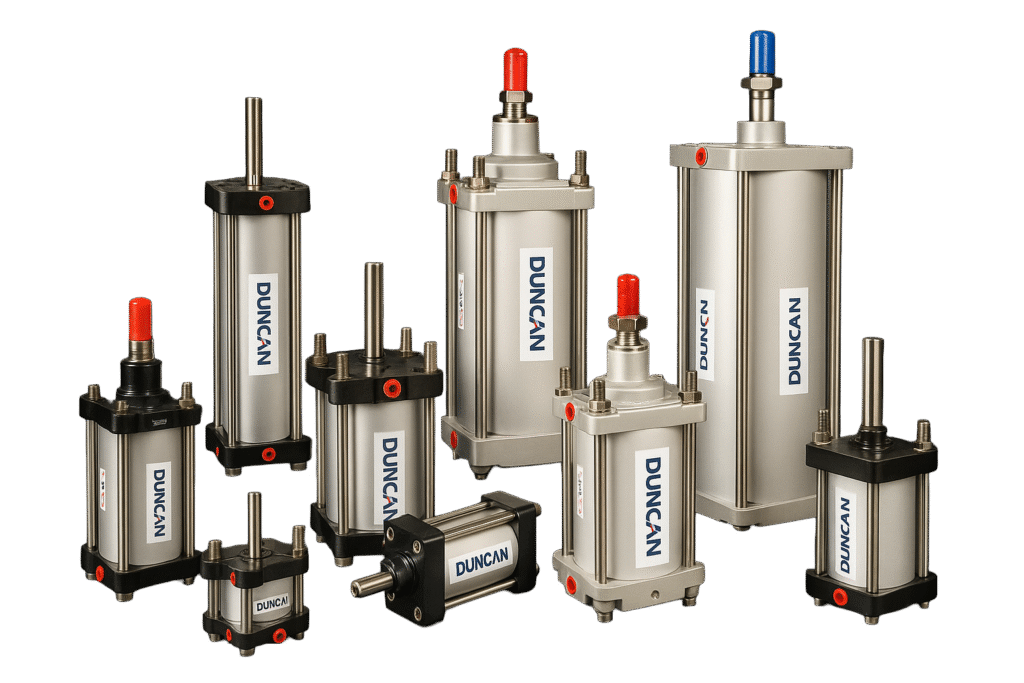 Duncan brand pneumatic cylinders collection featuring multiple sizes and configurations with red and blue end caps for industrial hydraulic and pneumatic applications