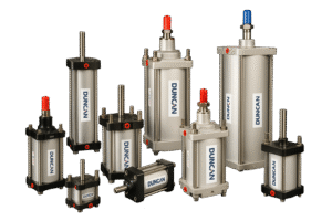Duncan brand pneumatic cylinders collection featuring multiple sizes and configurations with red and blue end caps for industrial hydraulic and pneumatic applications